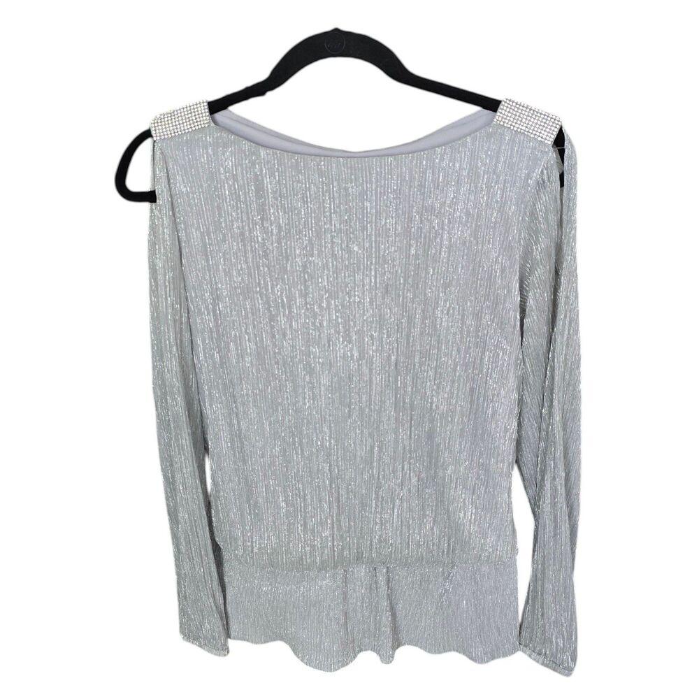 S Levine Silver Metallic Shimmer Top Rhinestone Shoulder Open Arm Size L
